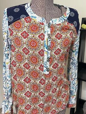 Anthropologie Maeve Navy and Light Blue Mixed-Print Blouse